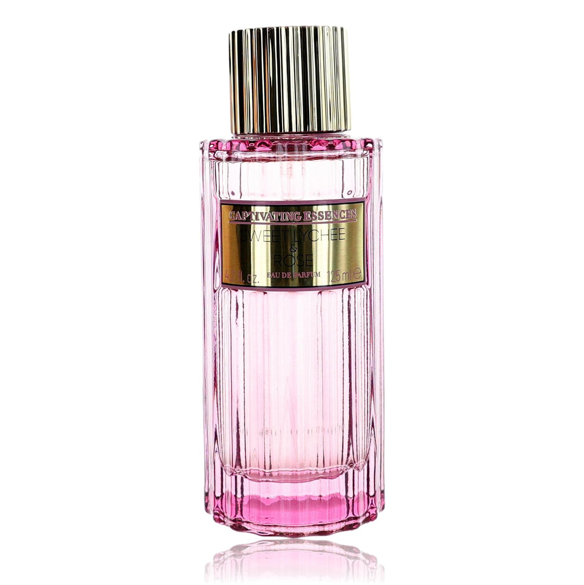Captivating Essences Sweet Lychee & Rose 4.2oz women’s EDP spray, unboxed, showing the perfume bottle with floral and fruity design.