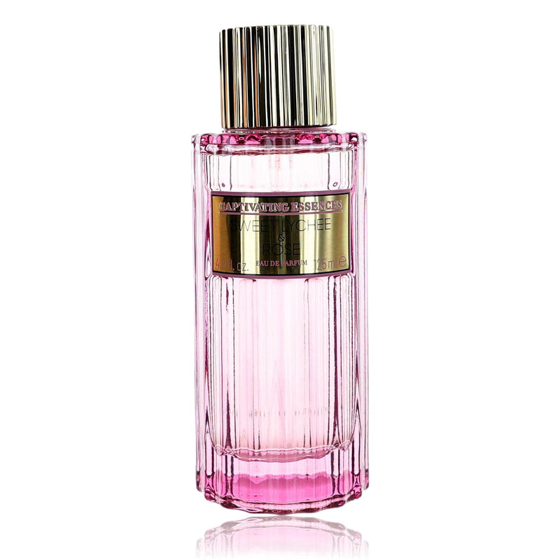 Captivating Essences Sweet Lychee & Rose 4.2oz women’s EDP spray, unboxed, showing the perfume bottle with floral and fruity design.