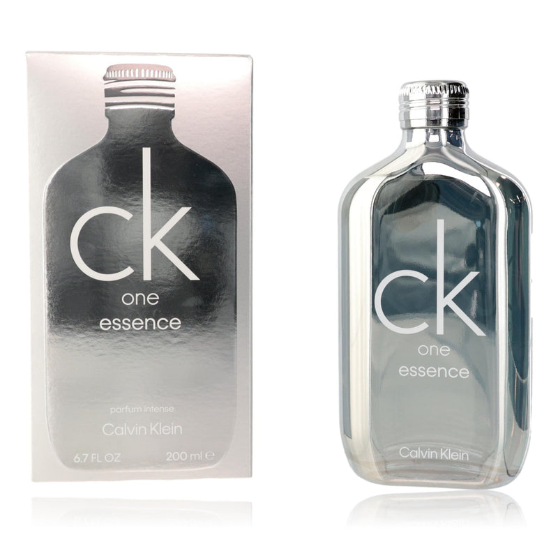 Calvin Klein CK One Essence parfum intense spray for unisex, 6.7 oz bottle, sleek design with a minimalist label.
