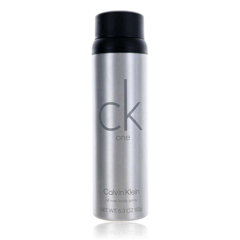 Calvin Klein CK One unisex 5.3 oz all-over body spray bottle with sleek design and transparent cap.