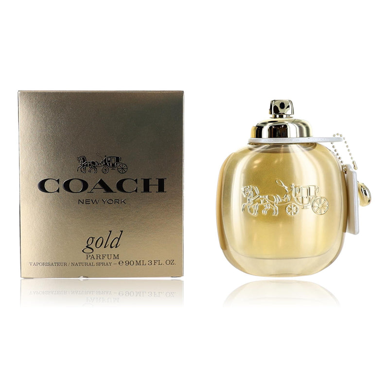 Coach Gold perfume spray for women, 3 oz, featuring the elegant bottle design of the Coach fragrance collection.