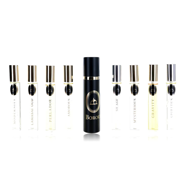 Dumont Borouj Collection 8-piece Discovery Set for unisex, featuring assorted physical products with elegant packaging.