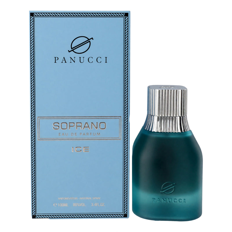 Dumont Soprano Ice men's 3.4 oz EDP spray bottle, sleek packaging, stylish design, and clear product label visible.