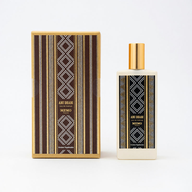 Memo Abu Dhabi 2.5 oz unisex EDP spray bottle, elegant packaging for a luxurious fragrance experience.