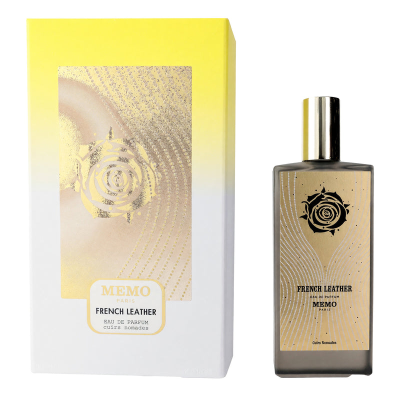 Memo Paris French Leather 2.5 oz unisex EDP spray bottle, elegant leather fragrance in a sleek perfume box.