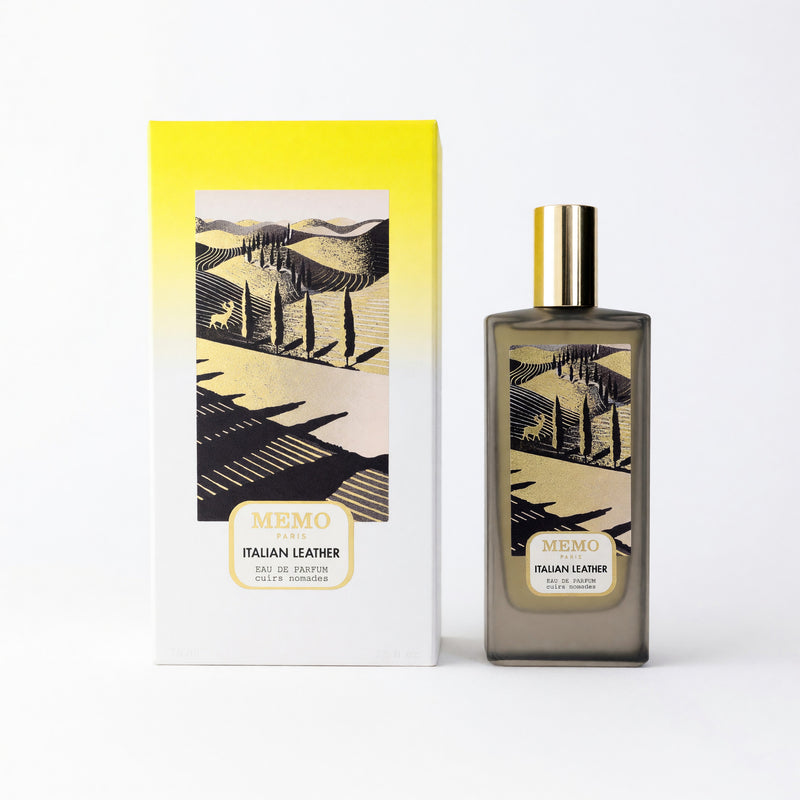 Memo Italian Leather unisex 2.5 oz EDP spray bottle, sleek packaging with the fragrance visible in a modern box.