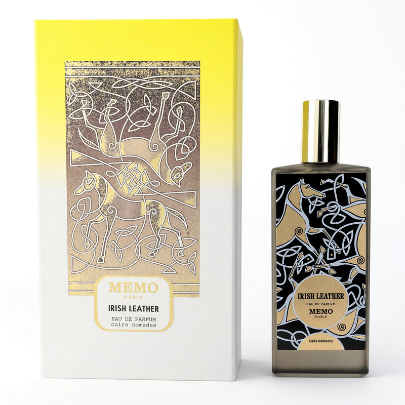 Memo Irish Leather 2.5 oz unisex EDP spray bottle, showcasing the elegant packaging of the Memo Paris fragrance.