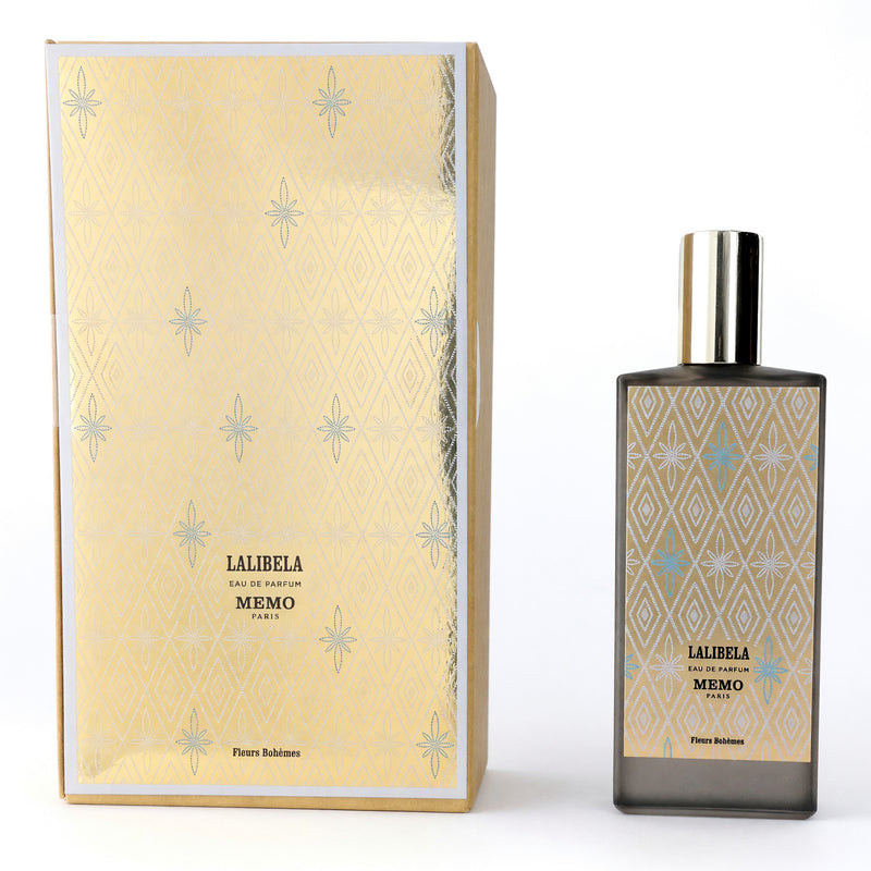 Lalibela unisex 2.5 oz Memo Paris EDP spray bottle, elegant packaging with a sleek design and perfume sprayer.