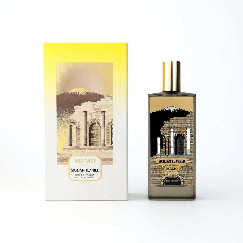 Sicilian Leather by Memo Paris unisex 2.5 oz EDP spray, elegant perfume bottle with a sleek design.