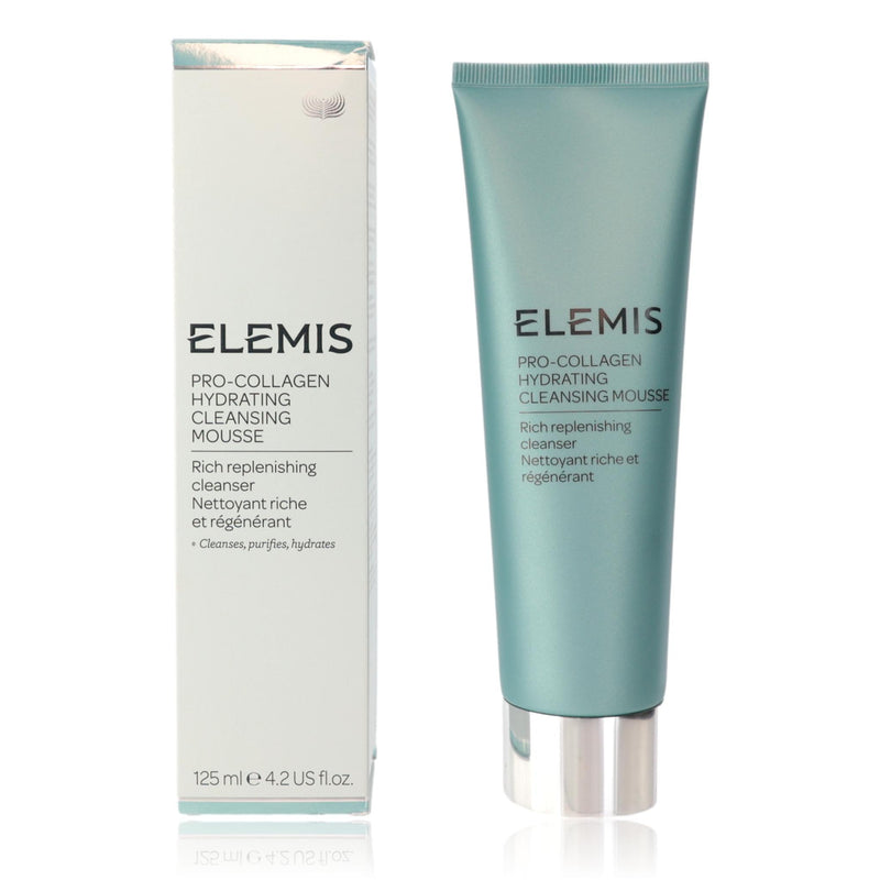Elemis Pro-Collagen Hydrating Cleansing Mousse in a 4.2oz bottle, featuring a pump dispenser and white, foaming cleanser texture.