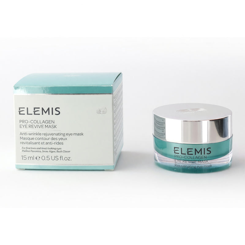 Elemis Pro-Collagen Eye Revive Mask in 0.5 oz jar, featuring a sleek container with the product label visible.