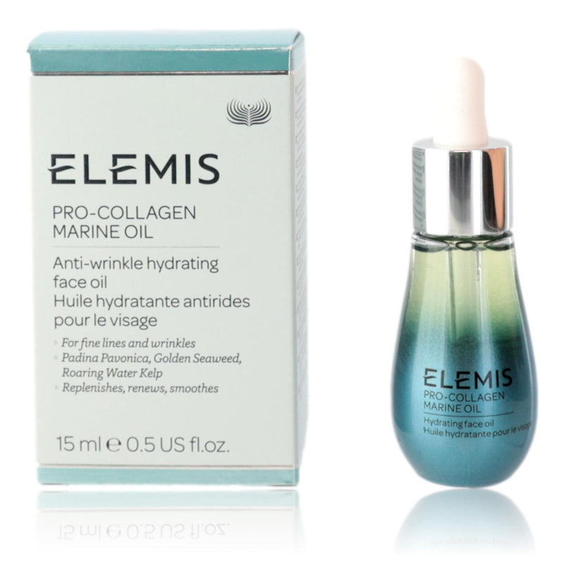 Elemis Pro-Collagen Marine Oil in a small bottle, featuring a transparent glass container with a dropper for hydrating anti-wrinkle skincare.