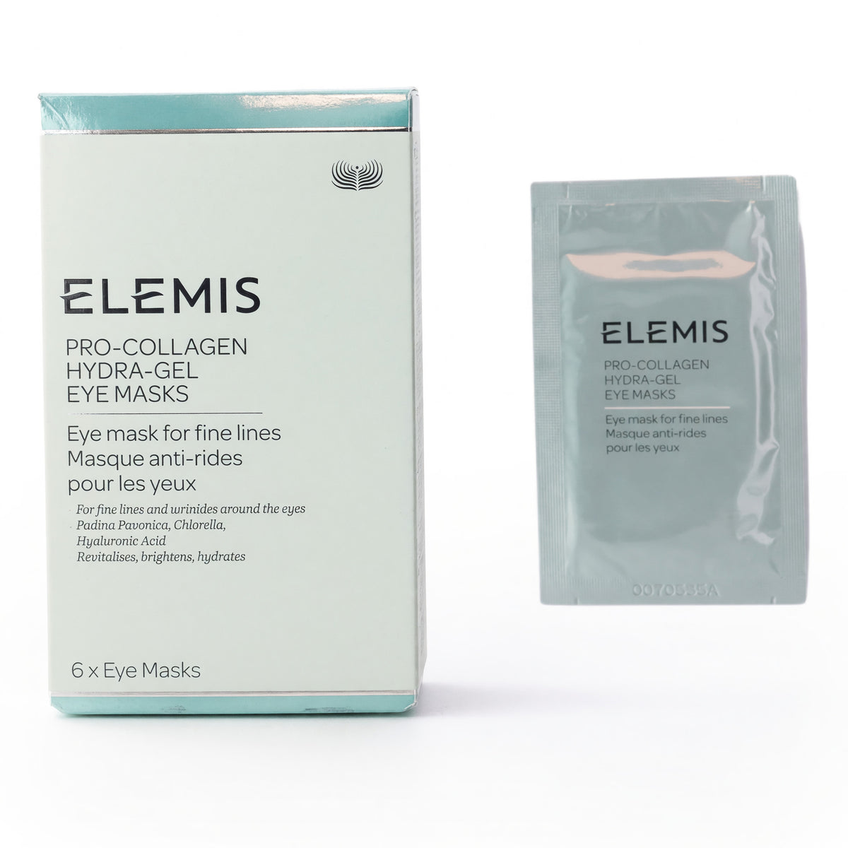 Elemis Pro-Collagen Hydra Gel Eye Masks in a 6-pack, showing soothing gel masks with a translucent appearance designed for eye care.