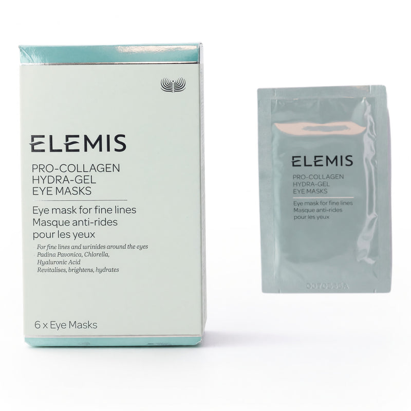 Elemis Pro-Collagen Hydra Gel Eye Masks in a 6-pack, showing soothing gel masks with a translucent appearance designed for eye care.