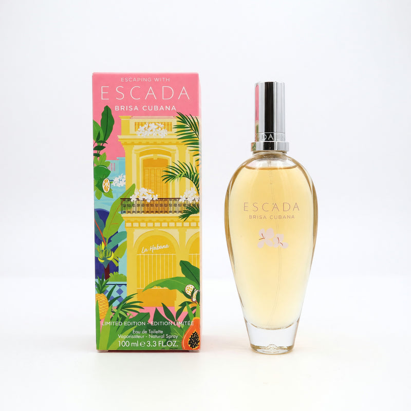 Escada Brisa Cubana 3.3 oz women’s EDT spray bottle with colorful tropical-themed packaging and floral design.