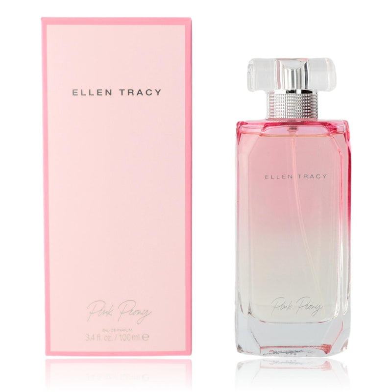 Pink Peony Ellen Tracy 3.4 oz women's EDP spray bottle, featuring a pink floral design and elegant packaging.