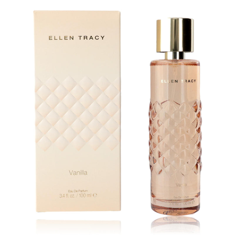 Ellen Tracy Vanilla 3.4 oz Eau de Parfum spray for women, featuring a clear bottle with vanilla-colored liquid.