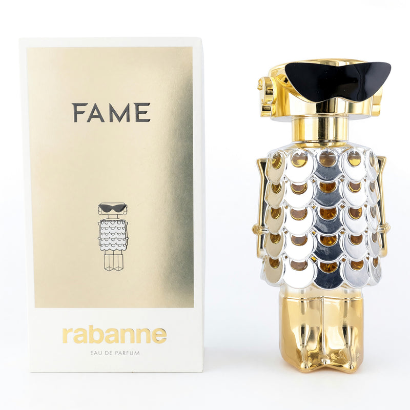 Fame by Paco Rabanne 5.1 oz women's Eau de Parfum bottle with sleek, modern design and metallic accents.