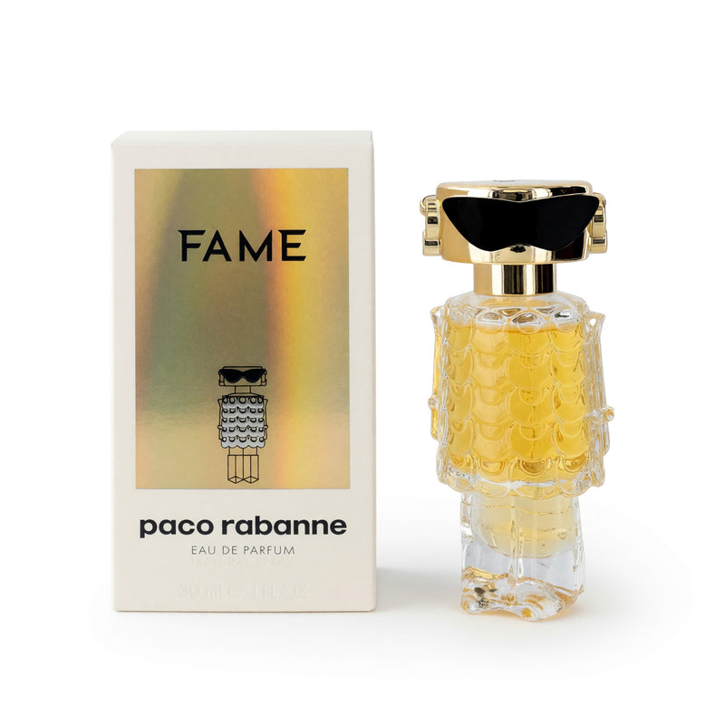 Paco Rabanne Fame 1 oz women's Eau de Parfum spray bottle with sleek design and silver cap.