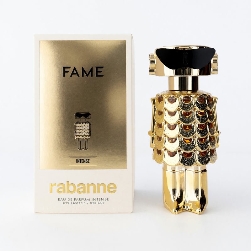 Refillable 2.7 oz Paco Rabanne Fame Intense women’s Eau de Parfum spray with elegant bottle design.