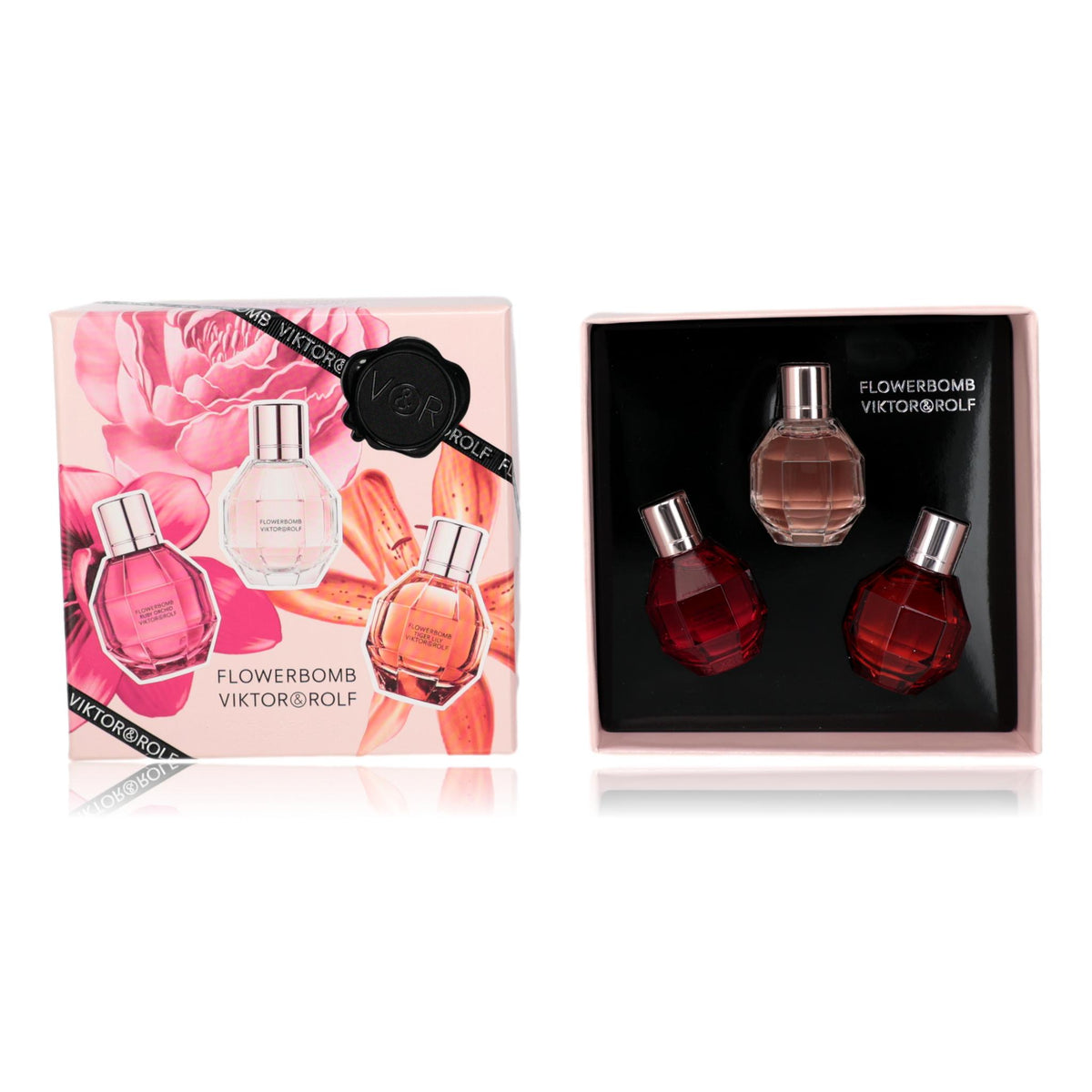 Mini set of Viktor & Rolf Flowerbomb perfumes for women, featuring three small fragrance bottles in a variety pack.