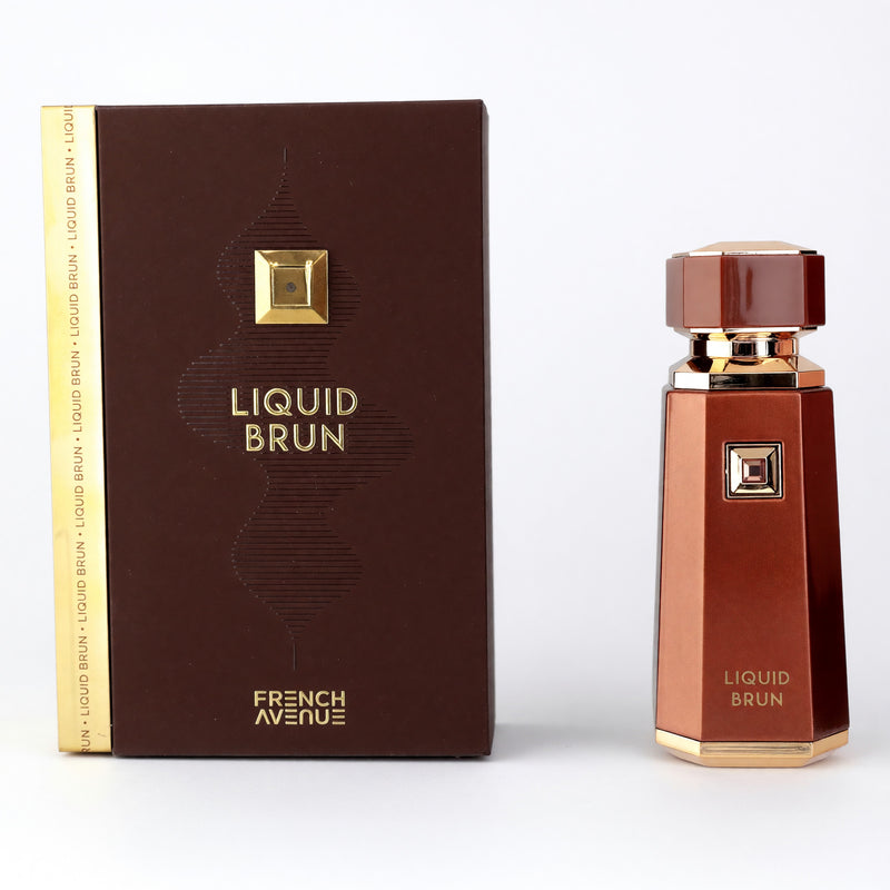 French Avenue Liquid Brun men's 3.4 oz EDP spray bottle with sleek design and clear packaging.