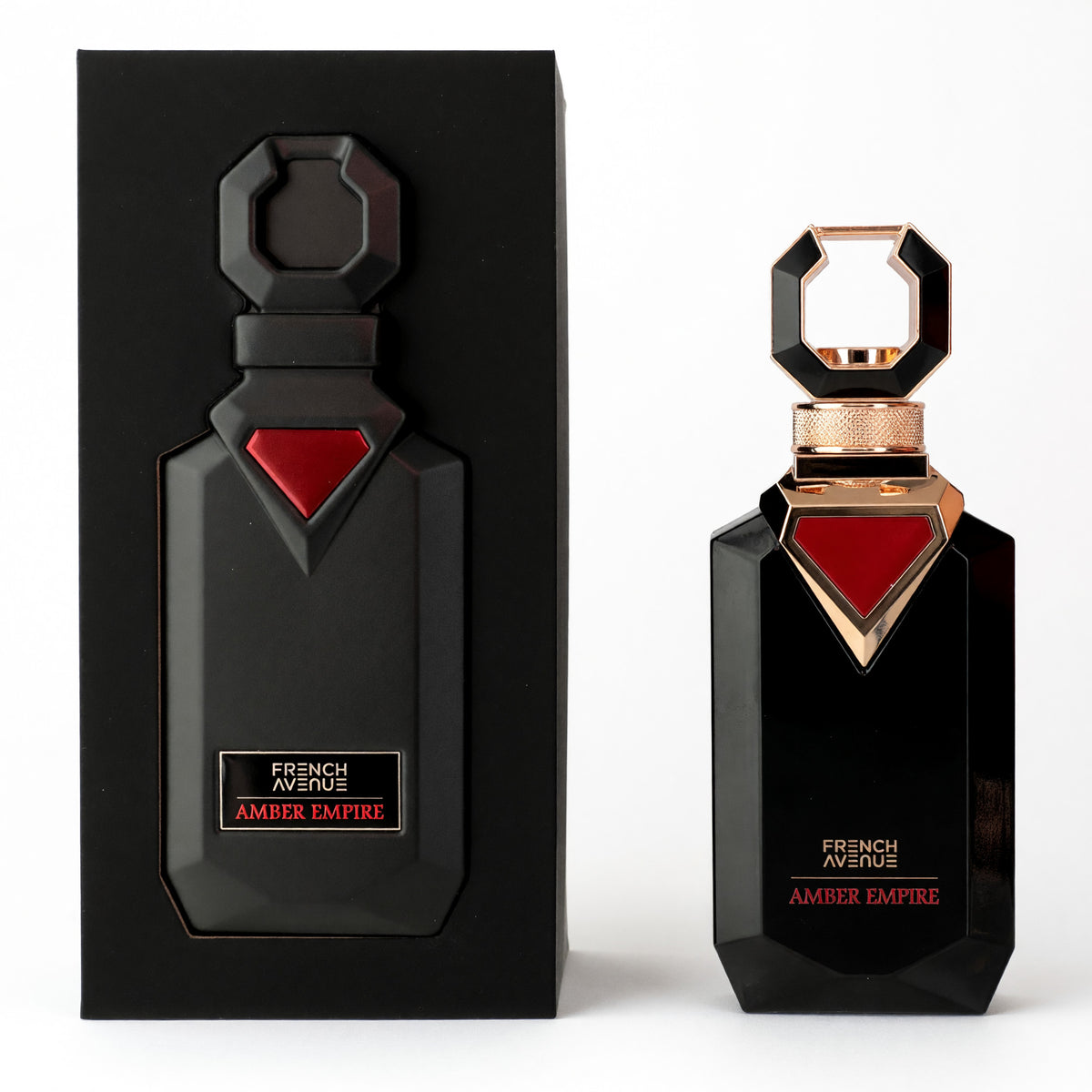 Amber Empire by French Avenue men's 3.4 oz Extrait de Parfum bottle with amber-colored liquid and elegant packaging.