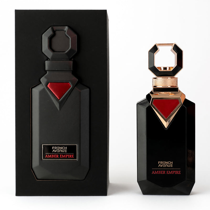 Amber Empire by French Avenue men's 3.4 oz Extrait de Parfum bottle with amber-colored liquid and elegant packaging.