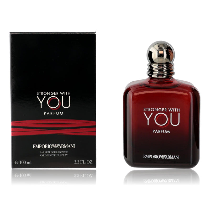 Emporio Armani Stronger with You 3.3 oz men's parfum spray bottle, sleek design with silver cap and elegant packaging