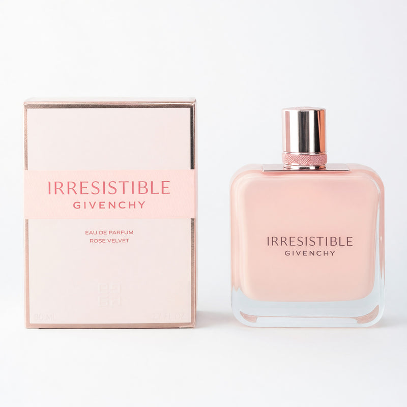 Givenchy Irresistible Rose Velvet 2.7 oz EDP spray for women, featuring a sleek floral fragrance bottle.