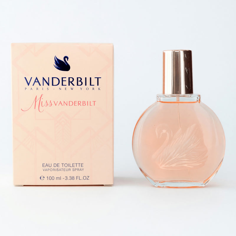 Gloria Vanderbilt Miss Vanderbilt 3.3 oz EDT spray bottle for women, featuring elegant packaging and classic design.