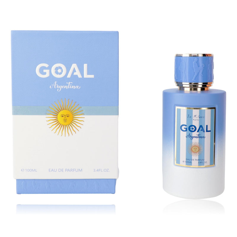 Jo Milano Goal Argentina 3.4 oz unisex EDP spray bottle with sleek design and label featuring Argentina theme.