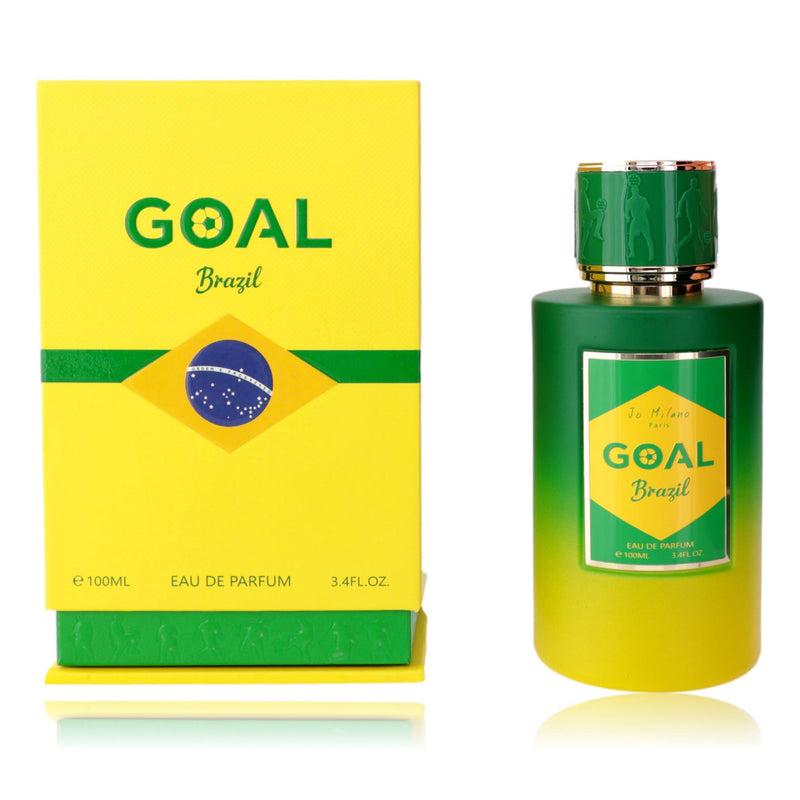 Jo Milano Goal Brazil 3.4 oz unisex EDP spray bottle, sleek design, with floral and citrus notes visible in the image.