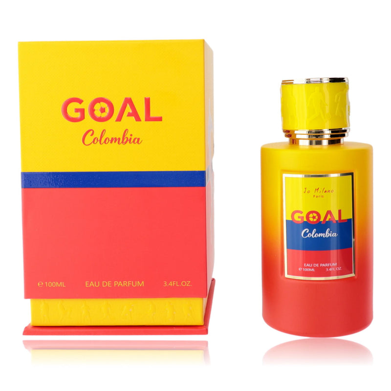 Jo Milano Goal Colombia unisex 3.4 oz EDP spray bottle, sleek packaging, and elegant design for a versatile fragrance.