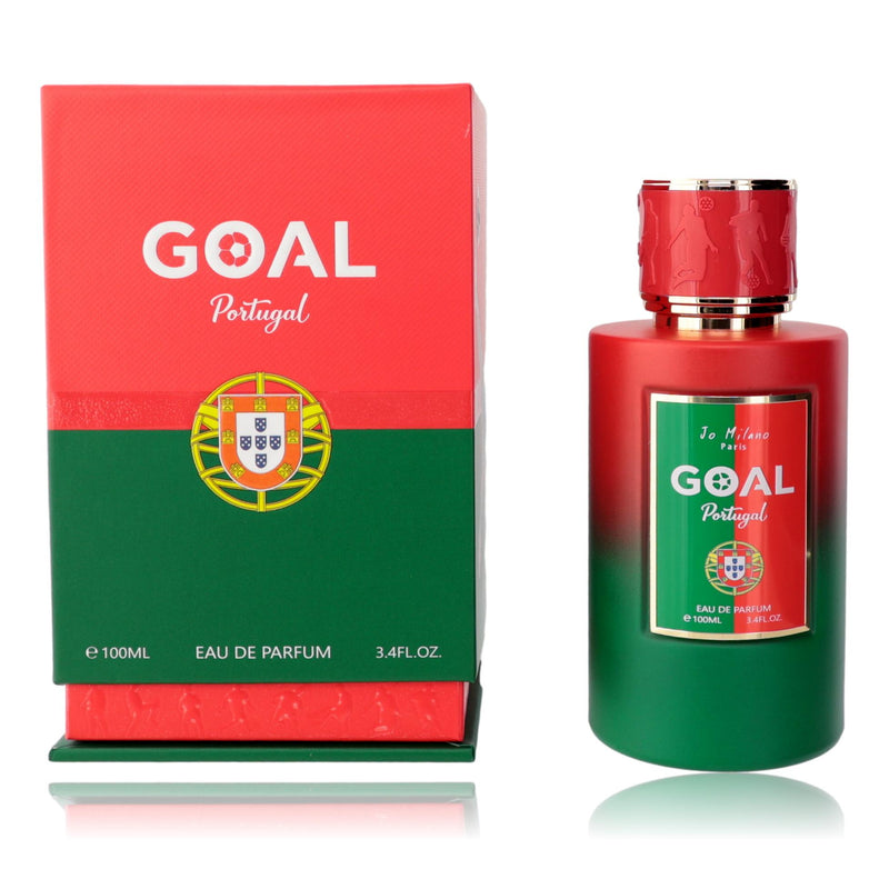 Jo Milano Goal Portugal unisex 3.4 oz EDP spray bottle, showcasing the sleek physical fragrance container.