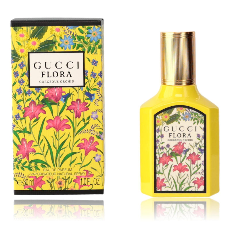 Gucci Flora Gorgeous Orchid 1 oz women's EDP spray bottle with floral design and elegant packaging.
