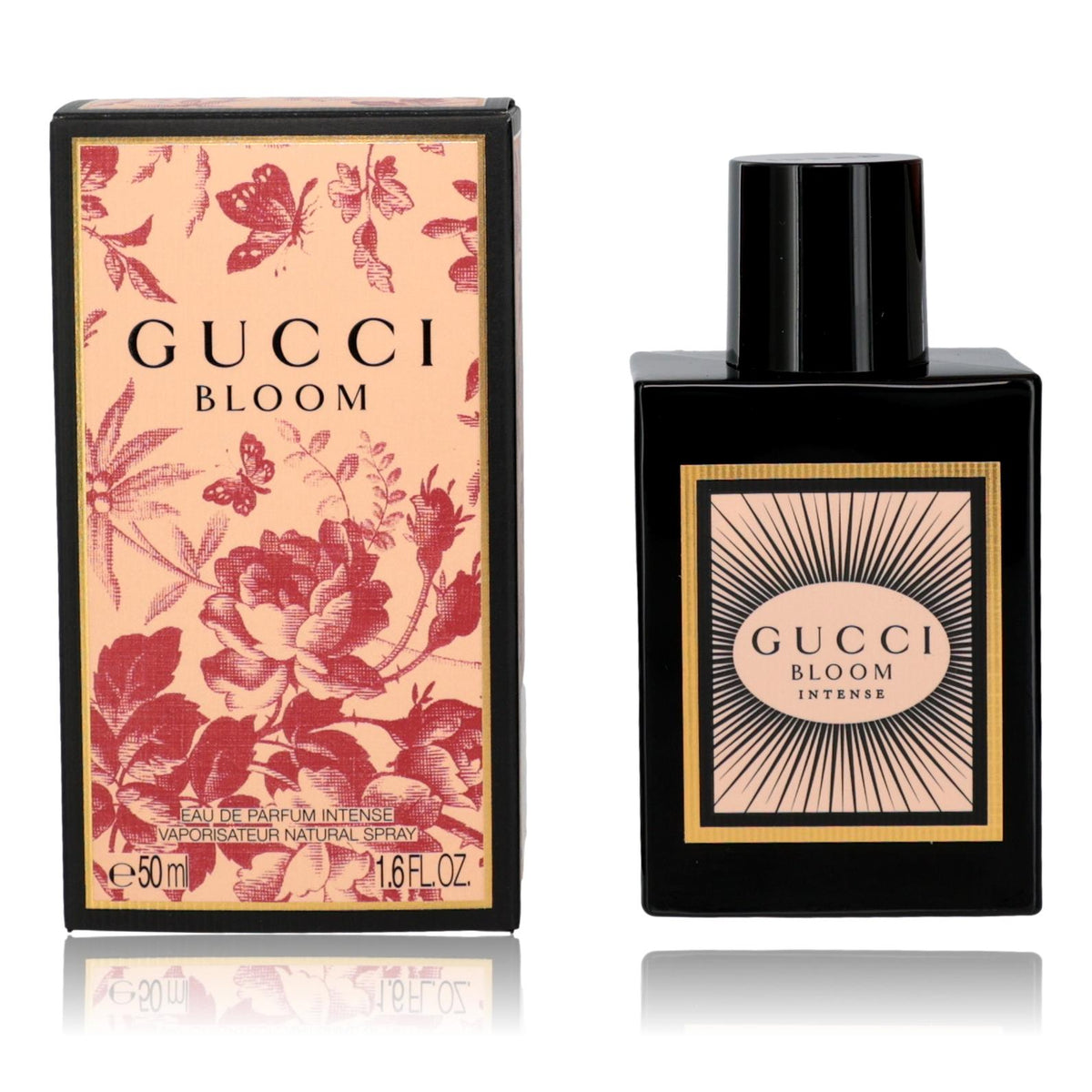 Gucci Bloom 1.6 oz EDP Intense spray for women, elegant floral fragrance bottle with Gucci branding.
