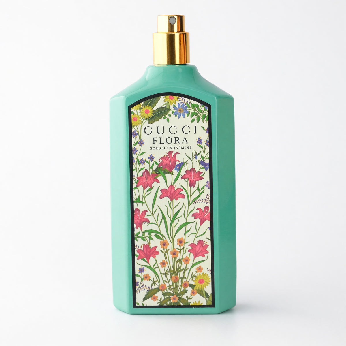 Gucci Flora Gorgeous Jasmine 3.3 oz women's EDP spray tester bottle with floral design and transparent cap.