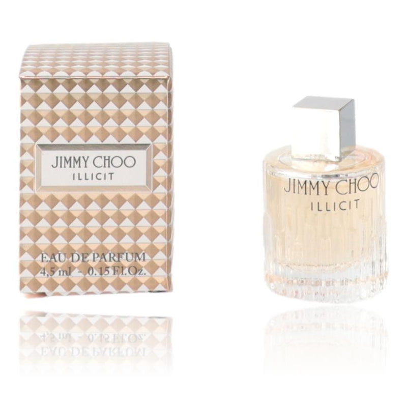Jimmy Choo Illicit Eau de Parfum splash bottle for women, 0.15 oz, elegant glass container with gold accents.