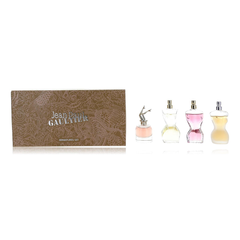 Mini set of Jean Paul Gaultier perfumes for women, featuring four small bottles with stylish packaging.