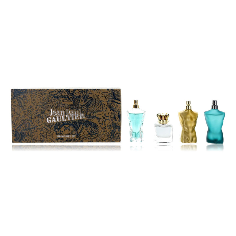 Jean Paul Gaultier men's 4-piece gift set including fragrances and grooming products, displayed in stylish packaging.