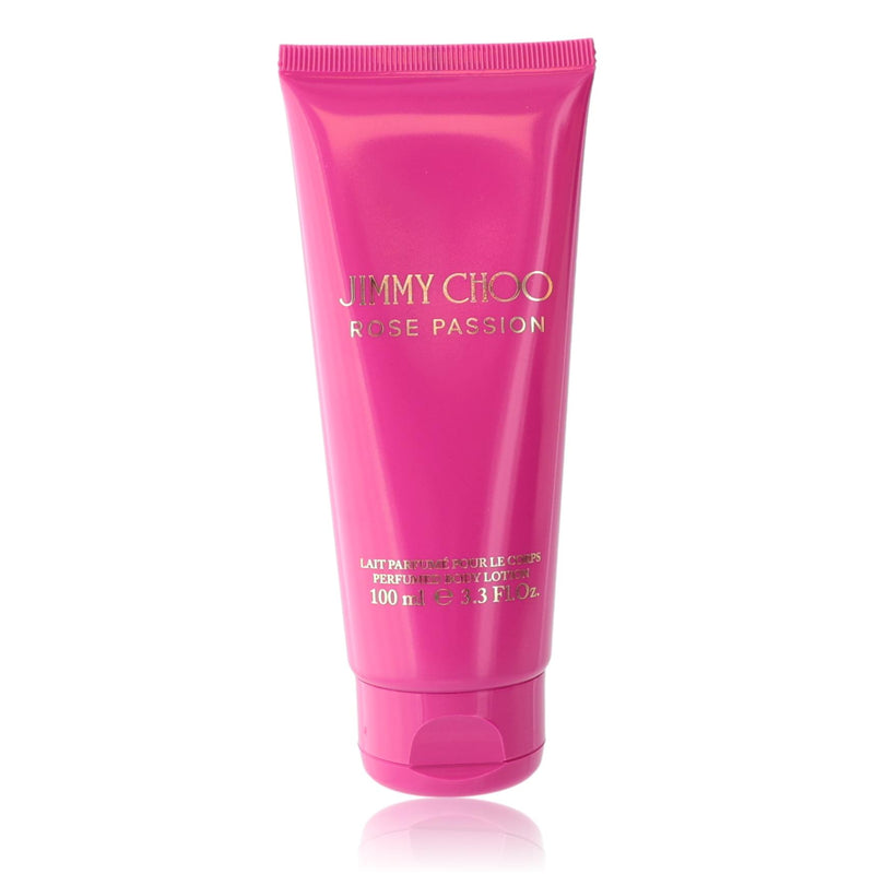 Jimmy Choo Rose Passion body lotion for women, 3.3 oz, featuring elegant packaging and floral scent.