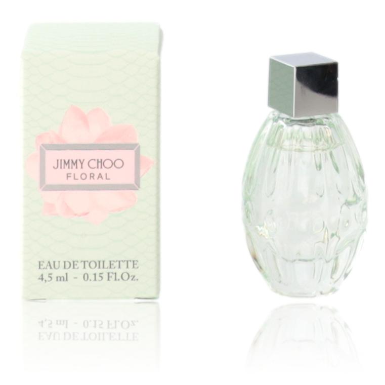 Jimmy Choo Floral EDT splash for women, 0.15 oz, in a sleek bottle with floral design, showcasing the luxurious Jimmy Choo fragrance.