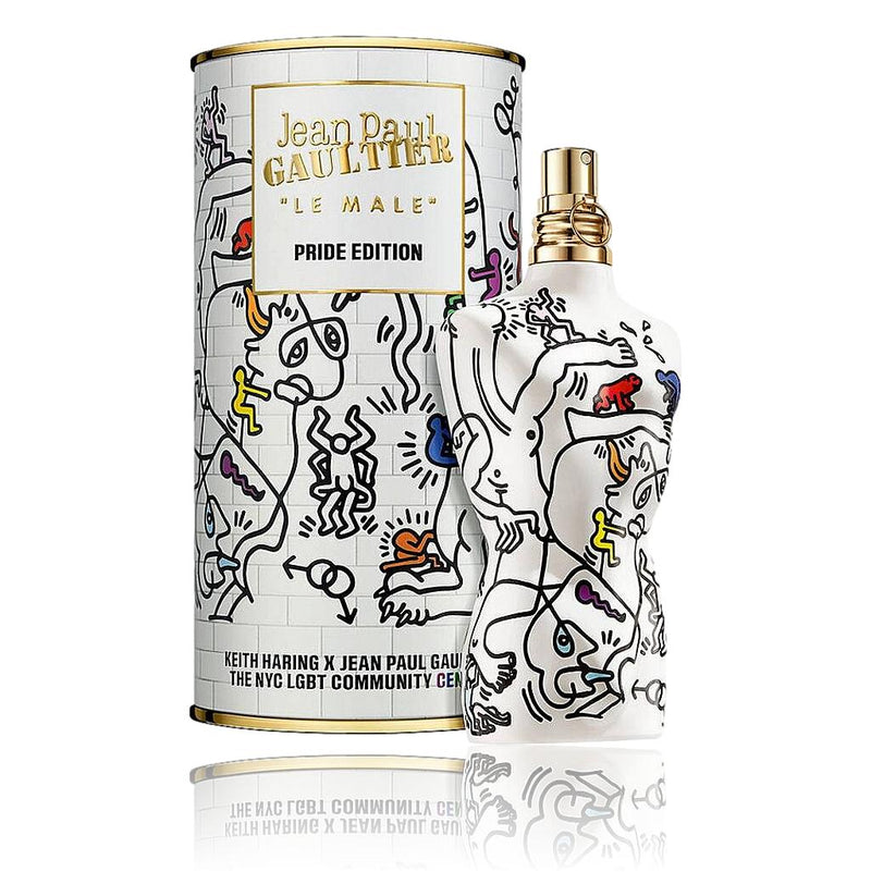 Jean Paul Gaultier Le Male Pride Edition EDT spray for men featuring Keith Haring artwork, showcasing the distinctive bottle design.