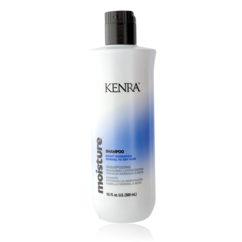 Kenra Moisture Shampoo in 10.1 oz bottle, featuring a clear bottle with blue and white label, designed for nourishing hair.