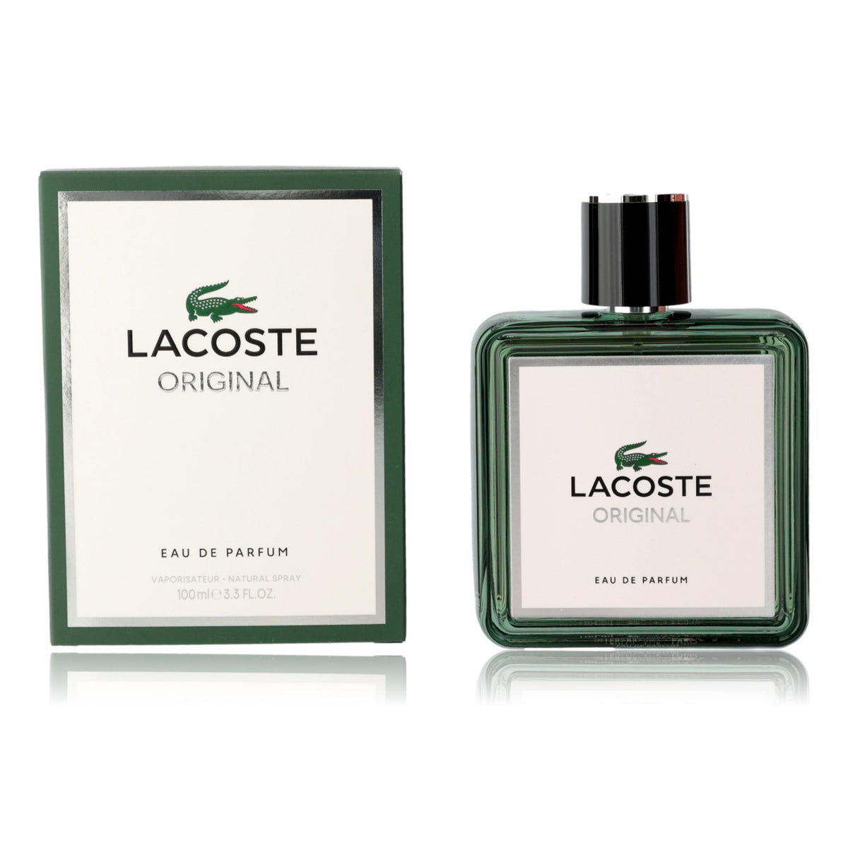Lacoste by Lacoste men's 3.3 oz eau de parfum spray bottle, sleek design and transparent glass showing the fragrance inside.