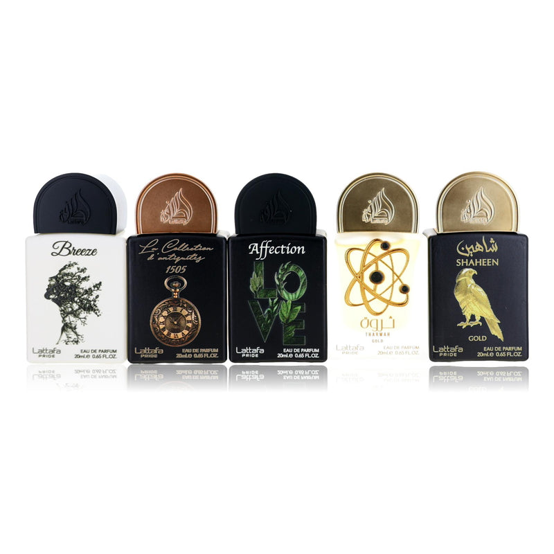 Lattafa Pride Collection No.1 unisex 5-piece set with perfume bottles, showcasing elegant packaging and diverse fragrance options.