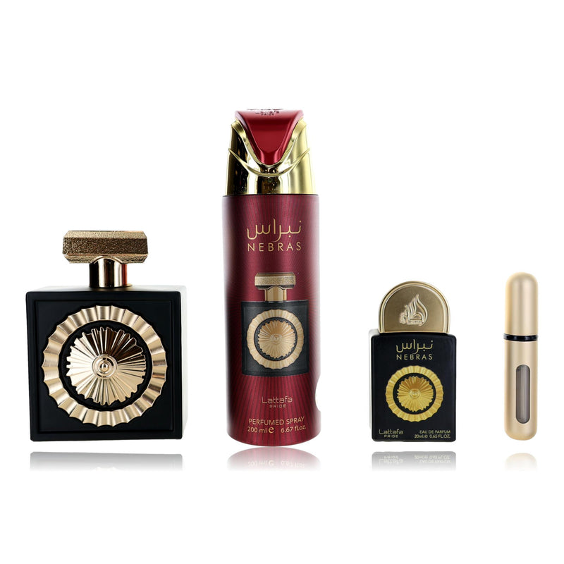 Lattafa Nebras 3-piece unisex gift set with perfume bottles and packaging, featuring elegant design and branding details.