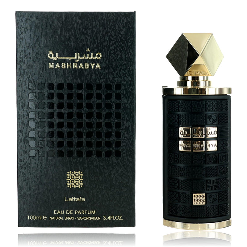 Lattafa Mashrabya unisex 3.4 oz EDP spray bottle with intricate design, showcasing elegant packaging and branding.