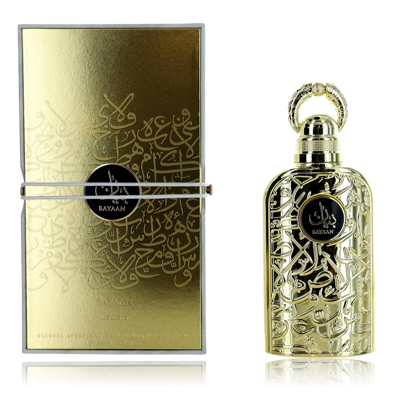 Bayaan by Lattafa 3.4 oz women’s EDP spray bottle, elegant perfume with floral and woody notes, in a sleek transparent glass bottle